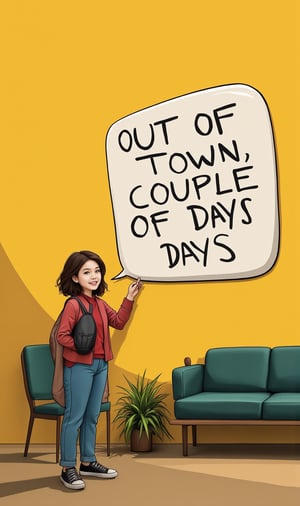 a girl saying "out of town, couple of days" in a big cartoon style word balloon,smiling,ek_ph0t0_b00ster,ek_g1rl_02