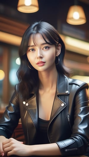 Very (detailed) illustration of a ((best quality)), ((masterpiece)), (8K,aesthetic,intricate,high contrast,sharp focus,colorful),mesmerizing and alluring female model,sitting in a cafe at night,23yo,detailed exquisite symmetric face,(confident smile,sexy,playful smirks),looking at viewer,dishelved black hair BREAK black biker leather jacket,small earrings, jewelry,detailed eyes,glossy skin,oiled skin,very sexy pose, hourglass_figure,natural huge breasts,[full body],rule of thirds,moody lighting, detailmaster2, kwon-nara-xl