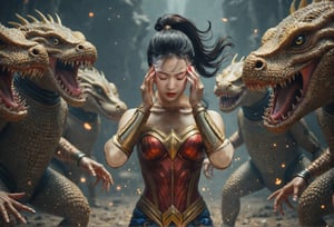 Yoonjung focuses intensely, wearing wonder woman suit, high ponytail,her hands raised to her temples as her psychic powers reach their peak. Around her, 3 to 4 Lizard Head robot monsters stagger and stumble, their mechanical bodies twitching and malfunctioning under the psychic assault.realistic,detailed,masterpiece,best quality,sharp focus,high contrast,rule of thirds,depth of perspective,trending on artstation,chiaroscuro lighting,photo_b00ster,koh_yunjung