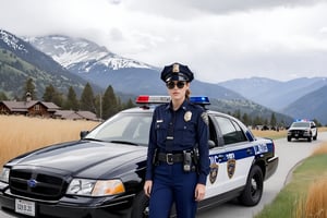 Hyper-Realistic photo of a beautiful LAPD police officer,20yo,1girl,solo,LAPD police uniform,cap,detailed exquisite face,soft shiny skin,smile,sunglasses,looking at viewer,Kristen Stewart lookalike,cap,fullbody:1.3
BREAK
backdrop:lamarva11ey,outdoors,sky,day, cloud,tree,cloudy sky,grass,nature, beautiful scenery,mountain,winding road,landscape, american bisons,police car,(girl focus),[cluttered maximalism]
BREAK
settings: (rule of thirds1.3),perfect composition,studio photo,trending on artstation,depth of perspective,(Masterpiece,Best quality,32k,UHD:1.4),(sharp focus,high contrast,HDR,hyper-detailed,intricate details,ultra-realistic,kodachrome 800:1.3),(cinematic lighting:1.3),(by Karol Bak$,Alessandro Pautasso$,Gustav Klimt$ and Hayao Miyazaki$:1.3),art_booster,photo_b00ster, real_booster,y0sem1te,Ye11owst0ne