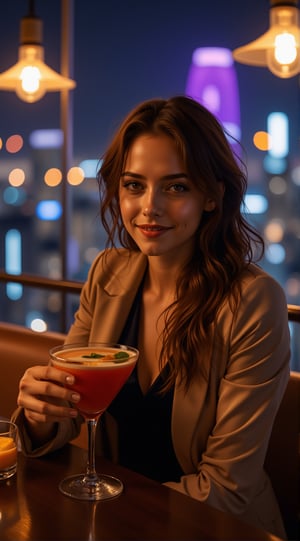 a beautiful girl,exquisite face,smile,wearing urban high fashion style,in a skyview cafe at night,cocktail,dessert,cityscape,chiaroscuro lighting,[Purple,Navy Blue,Mustard Yellow,Beige colors],ek_art_b00ster,beauy_ks01