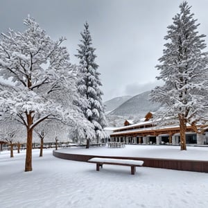 A realistic photo of resort center,snow,tree,winter resort1,hyper detailed,16K,HDR,hyper-realistic,sharp focus,high contrast