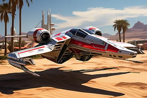 A realistic photo of starship x-wing starfighter in Star Wars universe,red striped body,parked on ground with ((stands)) on desert,wings folded,laser cannons at each wing tip,engines located at wing root, backdrop:desert,sand,palm tree,,sky,cloud,cityscrapes,front left view,R2 D2 walking around next to the ship, ek_starsh1p,ek_xw1ng,ek_xwf1,realistic,detailed,sleek shiny aircraft