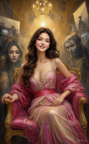 An abstract painting capturing the tragic irony of a beautiful young woman in a totalitarian regime, blissfully unaware of her own oppression. The central figure is a vibrant, elegantly dressed woman with a radiant smile, her face glowing with an almost artificial joy. She lounges in a luxurious setting, surrounded by symbols of wealth—jewels, fine clothes, and lavish decor—yet there’s a hollow, detached quality to her expression. The scene is painted in rich, vivid colors—gold, bright pinks, and shimmering whites—creating a sharp contrast to the underlying dark truth of her existence. In the background, faceless figures—citizens of the regime—are depicted in shadowy hues of grey and black, representing those who suffer in silence. The woman is surrounded by screens or mirrors reflecting distorted images of reality, as the regime feeds her false narratives and propaganda, preventing her from seeing the truth. Despite her outward appearance of happiness, subtle cracks form in her surroundings, suggesting the fragility of the illusion she lives in. Faint, ghostly faces of the oppressed emerge from the shadows, invisible to her, symbolizing the hidden suffering she is blind to. The overall scene is a tragic parody of human existence under totalitarian control, where ignorance is bliss, and beauty is nothing more than a facade masking a deeper, unacknowledged despair.
BREAK
detailed,sharp focus,high contrast,rule of thirds,depth of perspective,award-winning photo,chiaroscuro lighting,ek_g1rl_02,ek_art_b00ster