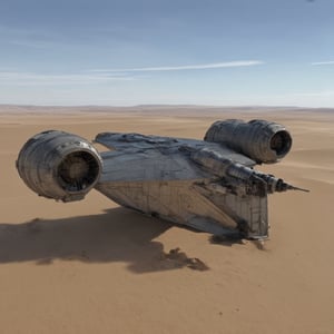 A starship razor crest \(star wars\) landed on desert,top mounted wings,jet engine on wing tip,blunt head,canopy on head top,cannons on head side,door on left side,

desert,sand,sky,cloud,

realistic,detailed,sharp focus,high contrast, ek_raz0r_cre5t,ek_rcfr0nt_left