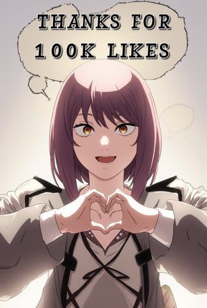 Anime of a happy cute cyborg girl,making hand heart,big smile,looking at viewer,by ghibli,big word bubble with bold font on top saying "Thanks for 100K Likes ❤️",ek_an1_b00ster,flux_makima