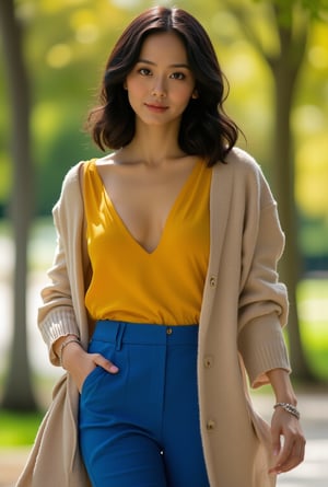 A strikingly beautiful young woman in her early twenties, radiating sophistication as she strolls through a sunlit park. Her shoulder-length black hair is styled in soft waves, gently swaying with each step. Her deep black eyes sparkle with intelligence and curiosity, set against flawless, fair skin.

She wears a chic, tailored yellow blouse tucked into high-waisted, azure trousers that accentuate her slender figure, paired with classic, tan leather loafers. A light, cashmere cardigan drapes over her shoulders, adding a touch of casual elegance. A small, silver bracelet gleams on her wrist, and her delicate smile exudes warmth and poise, capturing the essence of effortless, timeless style.ek_ph0t0_b00ster,jisosmile