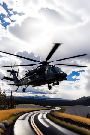 Hyper-Realistic photo of an Apache AH-64 helicopter hovering low in  lamarva11ey,Yellowstone,outdoors, sky,day,american bisons,cloud,tree,cloudy sky,grass,nature,beautiful scenery,mountain,winding road,landscape),(helicopter focus:1.2)
BREAK
(rule of thirds:1.3),perfect composition,studio photo,trending on artstation,(Masterpiece,Best quality,32k,UHD:1.4),(sharp focus,high contrast,HDR,hyper-detailed,intricate details,ultra-realistic,award-winning photo,ultra-clear,kodachrome 800:1.25),(infinite depth of perspective:2),(chiaroscuro lighting,soft rim lighting:1.15),by Karol Bak,Antonio Lopez,Gustav Klimt and Hayao Miyazaki,photo_b00ster,real_booster,art_booster,Ye11owst0ne