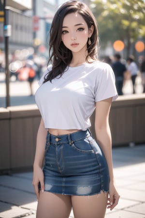 ((masterpiece,  best quality,  detailed)),  (realistic:1.3),  beautiful and aesthetic,  hires,  bokeh,  depth of field,  HDR, 1girl,  Cropped t-shirt,  denim skirt,  and sneakers,  posing for a picture,  professional photoshoot, (large nature breasts), standing