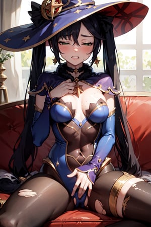 masterpiece, best quality, highres, 1girl, black hair, long hair, hair between eyes, star hair ornament, twintails, sidelocks, witch hat, hat ornament, green eyes, star earrings, black choker, black collar, fur collar, body stocking, pantyhose, black pantyhose, detached sleeves, long sleeves, gloves, black gloves, elbow gloves, capelet, leotard, purple leotard, highleg leotard, strapless leotard, gold trim, jewelry, medium breasts, thighs, thighlet, star (symbol), mona \(genshin impact\), torn pantyhose, torn clothes, indoors, living room, couch, blush, sweat, female orgasm, sitting, female masturbation, clenched teeth, closed eyes, crotch rub, clothed masturbation, masturbation through clothes, hand on own crotch, cameltoe, 