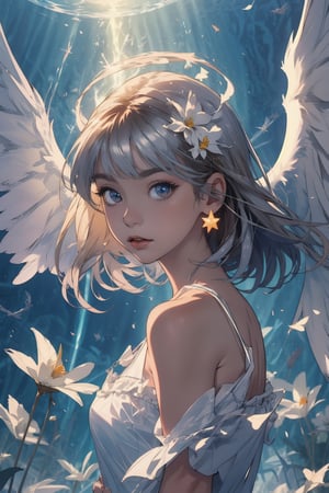 (((masterpiece))), (((best quality))), ((ultra-detailed)), (illustration), (detailed light),((an extremely delicate and beautiful)),(beautiful detailed eyes), (sunlight),(angel),solo,young girls,dynamic angle,floating, bare_shoulders,looking_at_viewer ,wings ,arms_up,halo,Floating white silk, brown eyes, 
(Holy Light),just like silver stars imploding we absorb the light of day