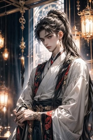 (extreamly delicate and beautiful:1.2), 8K, (tmasterpiece, best:1.0), , (LONG_HAIR_MALE:1.5), Upper body, a long_haired male, cool and seductive, evil_gaze, (wears white hanfu:1.2), and intricate detailing, and intricate detailing, finely eye and detailed face, Perfect eyes, Equal eyes, Fantastic lights and shadows、white room background、 Uses backlight and rim light