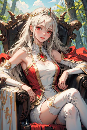 (masterpiece, best quality), 1girl, solo, (the empress:1.15), platinum blonde, long hair, (red cape), Curtain, white dress, queen dress, aurora, (sunshine, sky, river, forest), expressionless, red eyes, very long hair, (art nouveau:1.2), alphonse mucha, tiara, (face focus, upper body), sit, (red throne:1.12), tiara, crossing legs, highly intricate details, realistic light, smile, showing_armpits