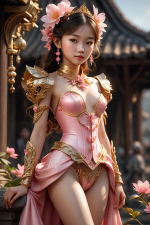 Ultra realistic,very young girl in fancy clothing, in the style of realistic sculptures, pink and gold, epic fantasy scenes, bo chen, use of light and shadow, villagecore, flowerpunk ,( naked),(full body)