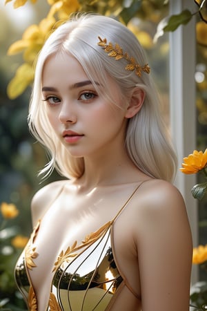 best quality, high resolution, 8k, realistic, sharp focus, photorealistic image of a beautiful white haired(( very young)) girl in the garden of mirror, this(( very young girl ))wearing golden garb , semi transparent decoration, shiny skin, reflection, ((nude)),blurry_light_background,1 girl