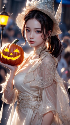 20 year old Korean girl, Korean girl idol star,beautiful face, beautiful eyes, face light(night:1.1),(8k, RAW photo, best quality, masterpiece),((1 girl with Halloween costume and wizard hat holding a halloween pumpkin, in the halloween night festival, adorable, happy)), artwork,masterpiece,detailed eyes,shading,extremely detailed CG 8k unity wallpaper,wit studio indirect lighting,amazing drawn illustration,best illustrative performance,A Lovely face,pearly,sparkling,intense,bright,incandescent,white skin,cute looking,adorable,perfect hands,TreeAIv2,TreeAIv2,looking_at_viewer, glamour, huge natural breasts,facing towards viewer,full body,shining,shiny_hair,thighs,perfect hands,perfect fingers,body facing toward viewer,focus,expert shading,detailed face,detailed eye,upper body view,perfect body ratio,skinny,alluring face,detailed face,long hair,front view,standing,upper body view,sunshine,face to face,blushing,wavy_hair,short ponytail,high ponytail, white sheer dress, short bangs, black hair, soldier, woman soldier, taoist, realhands, necklace, Detailedface,Detailedeyes,night_view_background,perfect