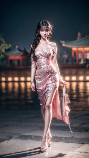 (8k, RAW photo, best quality, masterpiece), (realistic, photo-realistic)(best quality, masterpiece, intricate details:1.1),#white hair,,high ponytail,Long Wavy Hair,kpop hair,glamor,Beautiful sexy womem,standing body,great legs,#high heel,,pink dress, 20 year old Korean girl,Korean girl idol star,beautiful face, ,realhands,necklace,perfect,zzenny_n,eungirl,chinatsumura,night_view_background,iu