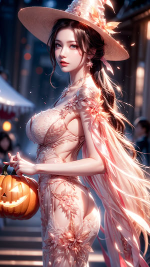 20 year old Korean girl, Korean girl idol star,beautiful face, beautiful eyes, face light(night:1.1),(8k, RAW photo, best quality, masterpiece),((1 girl with Halloween costume and wizard hat holding a halloween pumpkin, in the halloween night festival, adorable, happy)), artwork,masterpiece,detailed eyes,shading,extremely detailed CG 8k unity wallpaper,wit studio indirect lighting,amazing drawn illustration,best illustrative performance,A Lovely face,pearly,sparkling,intense,bright,incandescent,white skin,cute looking,adorable,perfect hands,TreeAIv2,TreeAIv2,looking_at_viewer,huge  breasts,facing towards viewer,full body,shining,shiny_hair,thighs,perfect hands,perfect fingers,body facing toward viewer,focus,expert shading,detailed face,detailed eye,upper body view,perfect body ratio,skinny,alluring face,detailed face,long hair,front view,standing,upper body view,sunshine,face to face,blushing,wavy_hair,short ponytail,high ponytail,ancient Chinese style, pink sheer dress,ancient chinese,short bangs,white hair,soldier,woman soldier,taoist,realhands, necklace, Detailedface,Detailedeyes,night_view_background,perfect