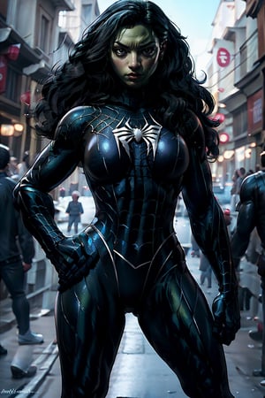 She-hulk wearing a black spiderman costume, mad, fighting stance, perfect fingers,