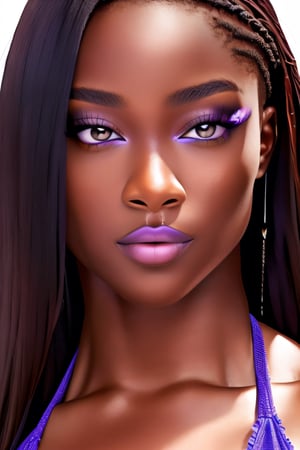 Full face and body, shapely, large breasts, long braided hair, beautiful (african american woman) wearing full lacy purple bikini,perfect face,HD details,high details,sharp focus,studio photo,HD makeup,shimmery makeup,celebrity makeup,(( centered image)), (PnMakeEnh), lean abs, slightly muscular arms