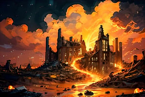 In a captivating and thought-provoking art piece, the end of the world is depicted with haunting beauty. The canvas is a vast, desolate landscape that stretches into the horizon, seemingly endless. The sky above is a tapestry of fiery oranges and deep purples, as if the very heavens are ablaze with the final moments of existence.

In the foreground, there’s a crumbling cityscape, its once-mighty skyscrapers now reduced to twisted, skeletal remnants, bathed in the warm, apocalyptic glow of the setting sun. The crumbling buildings seem to weep, their reflective surfaces distorted and contorted, mirroring the chaos and destruction that has unfolded.

As the eye moves toward the center of the composition, a great chasm has opened in the Earth, revealing molten rivers of lava that flow and surge with an otherworldly radiance. These rivers of fire provide an eerie contrast to the dying city, creating an unsettling beauty in the midst of destruction.

Amidst the devastation, nature reclaims its dominance. The edges of the chasm are lined with vibrant, tenacious flora, as if the Earth itself is seeking to heal its wounds. There are lush, glowing vines and resplendent, luminescent flowers that defy the surrounding chaos, adding an element of hope and resilience to the scene.

In the distance, a massive, celestial body – perhaps a colossal asteroid or celestial phenomenon – hangs low in the sky, its fiery tail stretching like a work of abstract art. This celestial visitor brings both a sense of doom and a mesmerizing spectacle.

The overall composition captures the essence of the end of the world with breathtaking and chilling beauty. It invites viewers to contemplate the fragility of existence, the grandeur of the universe, and the persistence of life even in the face of catastrophe. It’s a striking reminder of the power of art to convey complex emotions and ideas, even in the most dire of circumstances.