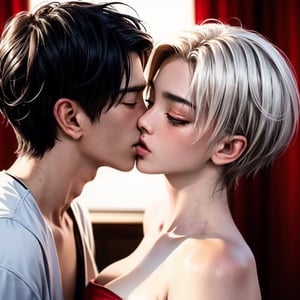 1girl,1boy, (full body shot), (young asian woman, fit, large breasts, dark nipples, symmetrical face, high detail face, high detail skin, short white hair, messy hair, white hair), (young man, korean, slender, fit, black hair), naked and barefoot, kiss, kissing, bedroom, (masterpiece, top quality, best quality, beautiful and aesthetic:1.2)
