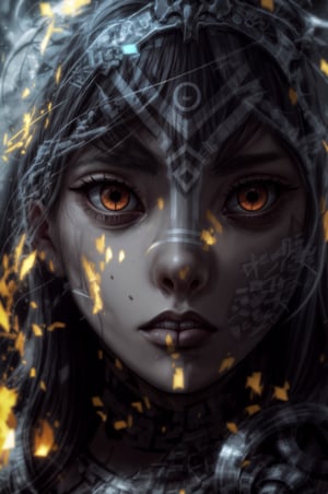 a close up of a person wearing a headdress, a character portrait, inspired by rossdraws, unreal engine 5 4 k uhd image, brave young girl, tribal red atmosphere, covered in runes, ultra detailed face and eyes, anime tribal boy with long hair, aloy, ultra detailed content : face, epic game portrait, fire eyes, wojtek fus, High Detailed,