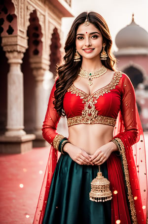 Ultradetailed, 1girl , Indian, wearing red ghagra choli, gentle features, jewellery, perfect female figure, (dimple on cheek:1.5), bold beauty, big tight boobs, gentle smile on face , (goddess beauty:1.5), (cinematic shot:1.5), royal Indian palace background, Bokeh, 8k, 4k, uhd, nsfw,
