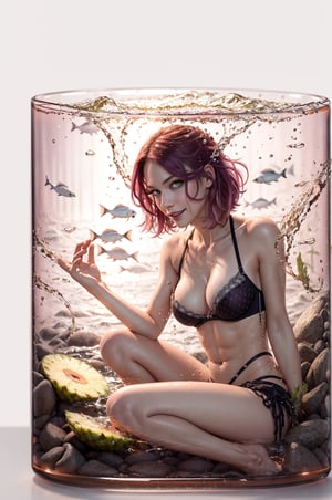 Sfw, perfect eyes:1.2, detailed eyes:1.4, pineapple, smile, sitting, full body, air bubble, (masterpiece:1.6, best quality), phgls, /bottle, in container, (finely detailed beautiful eyes: 1.2), 1girl, solo, big breasts,  purple hair, pink hair, two-tone hair, wear white bra, underwater, (drowning:1.2), floating hair, JAR,phgls