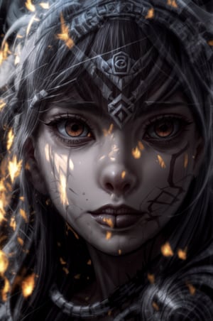 a close up of a person wearing a headdress, a character portrait, inspired by rossdraws, unreal engine 5 4 k uhd image, brave young girl, tribal red atmosphere, covered in runes, ultra detailed face and eyes, anime tribal boy with long hair, aloy, ultra detailed content : face, epic game portrait, fire eyes, wojtek fus, High Detailed,