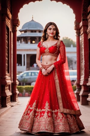 Ultradetailed, 1girl , Indian, wearing red ghagra choli, gentle features, jewellery, perfect female figure, (dimple on cheek:1.5), bold beauty, big tight boobs, gentle smile on face , (goddess beauty:1.5), (cinematic shot:1.5), royal Indian palace background, Bokeh, 8k, 4k, uhd, nsfw,aw0k euphoric style
