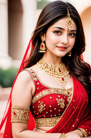 Ultradetailed, 1girl , Indian, wearing red ghagra choli, gentle features, jewellery, perfect female figure, (dimple on cheek:1.5), bold beauty, big tight boobs, gentle smile on face , (goddess beauty:1.5), (cinematic shot:1.5), royal Indian palace background, Bokeh, 8k, 4k, uhd, nsfw,