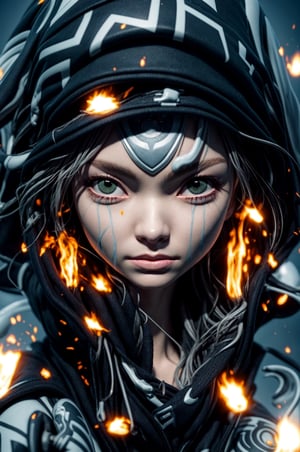 a close up of a person wearing a hoodie, inspired by rossdraws, Artstation contest winner, a young female shaman, unreal engine 5 4 k uhd image, andreas rocha style, fire eyes, intricate ornate anime cgi style, portrait of apex legends, warrior girl, detailed unblurred face, 8k render”, High Detailed, chibi