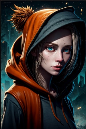 a close up of a person wearing a hoodie, anton fadeev 8 k, beautiful young female shaman, arnold renderer, fierce expression, art of édouard bisson, embers, by Alexandre Falguière, biomutant, animation illustrative style, artgerm greg rutkowski _ greg, High Detailed