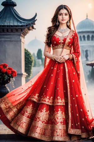 Ultradetailed, 1girl , Indian, wearing red ghagra choli, gentle features, jewellery, perfect female figure, (dimple on cheek:1.5), bold beauty, big tight boobs, gentle smile on face , (goddess beauty:1.5), (cinematic shot:1.5), royal Indian palace background, Bokeh, 8k, 4k, uhd, nsfw,aw0k euphoric style,Magical Fantasy style