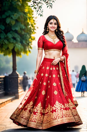 Ultradetailed, 1girl , Indian, wearing red ghagra choli, gentle features, jewellery, perfect female figure, (dimple on cheek:1.5), bold beauty, big tight boobs, gentle smile on face , (goddess beauty:1.5), (cinematic shot:1.5), royal Indian palace background, Bokeh, 8k, 4k, uhd, nsfw,