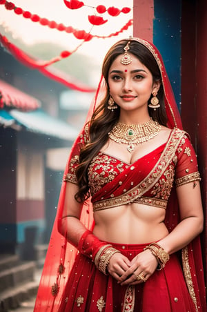 Ultradetailed, 1girl , Indian, wearing red ghagra choli, gentle features, jewellery, perfect female figure, (dimple on cheek:1.5), bold beauty, big tight boobs, gentle smile on face , (goddess beauty:1.5), (cinematic shot:1.5), royal Indian palace background, Bokeh, 8k, 4k, uhd, nsfw,aw0k euphoric style