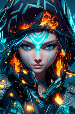 a close up of a person wearing a hoodie, inspired by rossdraws, Artstation contest winner, a young female shaman, unreal engine 5 4 k uhd image, andreas rocha style, fire eyes, intricate ornate anime cgi style, portrait of apex legends, warrior girl, detailed unblurred face, 8k render”, High Detailed,3DMM,full body