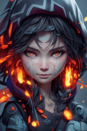 a close up of a person wearing a hoodie, inspired by rossdraws, Artstation contest winner, a young female shaman, unreal engine 5 4 k uhd image, andreas rocha style, fire eyes, intricate ornate anime cgi style, portrait of apex legends, warrior girl, detailed unblurred face, 8k render”, High Detailed, chibi