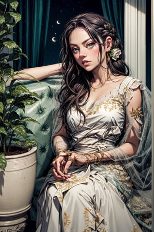 a woman sitting next to a potted plant, a portrait, instagram, wearing a sari, white lace clothing, dreamy mila kunis, soft lighting from above, wearing ivory colour dress, hand on her chin, top - down photograph, wearing organza gown, over the shoulder, close up portrait shot, half moon, actress, bride, candid picture, high detailed