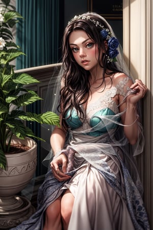 a woman sitting next to a potted plant, a portrait, instagram, wearing a sari, white lace clothing, dreamy mila kunis, soft lighting from above, wearing ivory colour dress, hand on her chin, top - down photograph, wearing organza gown, over the shoulder, close up portrait shot, half moon, actress, bride, candid picture, high detailed