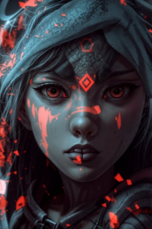 a close up of a person wearing a hoodie, inspired by rossdraws, Artstation contest winner, a young female shaman, unreal engine 5 4 k uhd image, andreas rocha style, fire eyes, intricate ornate anime cgi style, portrait of apex legends, warrior girl, detailed unblurred face, 8k render”, High Detailed, chibi