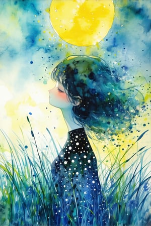 Surreal,think girl, black dots, sun, grass,full body, watercolor \(medium\)