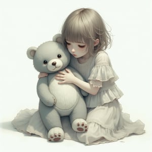 On a pure white background, the girl is wearing shabby and damaged clothes, holding a gray and white bear doll on her chest, fear,emoart