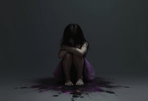 A haunting portrait of a young girl, bathed in an eerie darkness, her petite form shrouded in fear as she cowers against a stark, solid-colored backdrop. The only respite from the void is a splash of black, yellow, and purple hues that seem to emanate from her very being, like a faint cry for help. The minimalistic composition amplifies the sense of vulnerability, while Sabbas Apterus's brushstrokes evoke an atmosphere of foreboding.