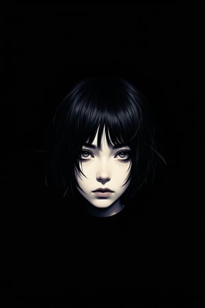 Minimalist lines, pure black background, half-faced woman, black hair and white eyes, glitch style,emoart