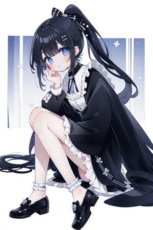 (masterpiece, best quality, highres:1.3), ultra resolution image, (1girl), (solo), kawaii, accessories, full body, shoes, look at viewer, stand_sitting, side, black hair, multiple hair colors, long pony_tail, dress, alice wonderland, 