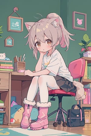 Cute style, detailed anime realm, loli, young, whole body, very long straight hair, white hair, ponytail, bangs, standing, pigeon-toed, looking at front, from frontal position, front body, T-shirt, naked shirt, denim skirt, little blush, clear eyeball, brown eyes, ahoge, (((brown fluffy boots))), ((white compression stockings)), short legs, zettai ryoiki, at home, at room, background with photo decorations and colourful cute patterns on wall, with desk, better_hands, hands lie back, LEGS, detailed clothing,best quality, masterpiece, perfect clothes ,cat ears,midjourney