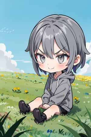 1girl, sole female, (gray eyes:1.7), black hair with purple streaks, sky blue hoodie, chibi, smiling, angry eyebrows, sitting on a grass field, looking_away, full body shot, simple_background 