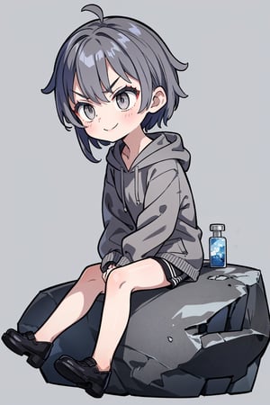 1girl, sole female, (gray eyes:1.7), black hair with purple streaks, sky blue hoodie, chibi, smiling, angry eyebrows, sitting on a rock, looking_away, full body shot, simple_background 